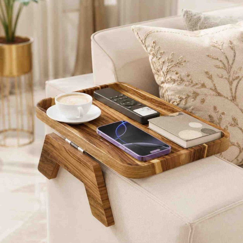 Luxury Wooden Sofa Arm Tray – Clip-On Couch Armrest Table for Drinks, Snacks & Remote