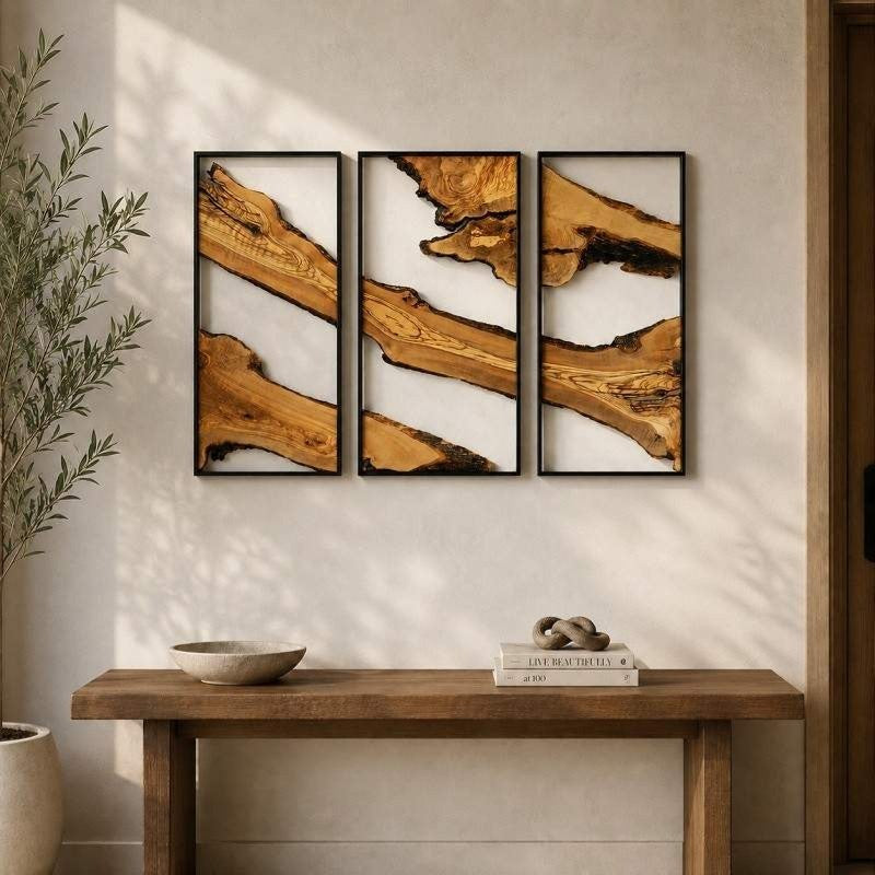 Rustic Natural Wood Wall Art Panels with Black Metal Frame – Luxury Living Room Decor