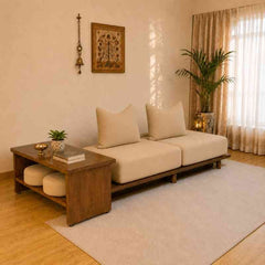Japanese Style Modular Sofa Bed with Sliding Tea Dining Table – Space Saving Wooden Lounge