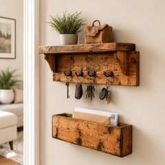 Rustic Wooden Key Holder for Wall with Display Shelf & Mail Organizer Box