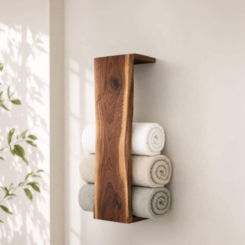 Waterfall Live Edge Wooden Blanket Holder, Decorative Bathroom Towel Rack, Wall Bookshelf