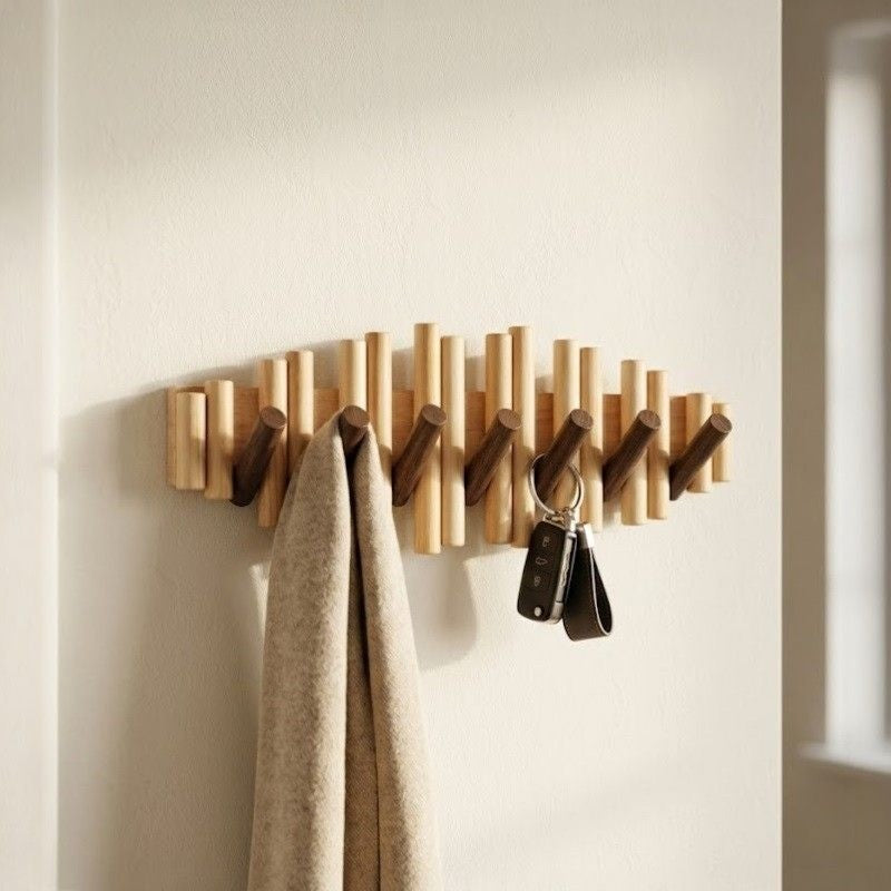 Natural Solid Wood Picket Coat Rack with 7 Flip Wall Hooks