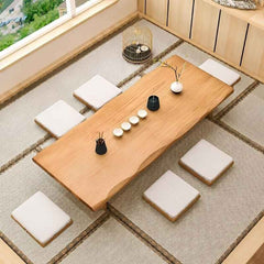 Japanese Style Solid Wood Tatami Tea Table Set with Cushioned Floor Chairs - Rectangular Wooden Low Table