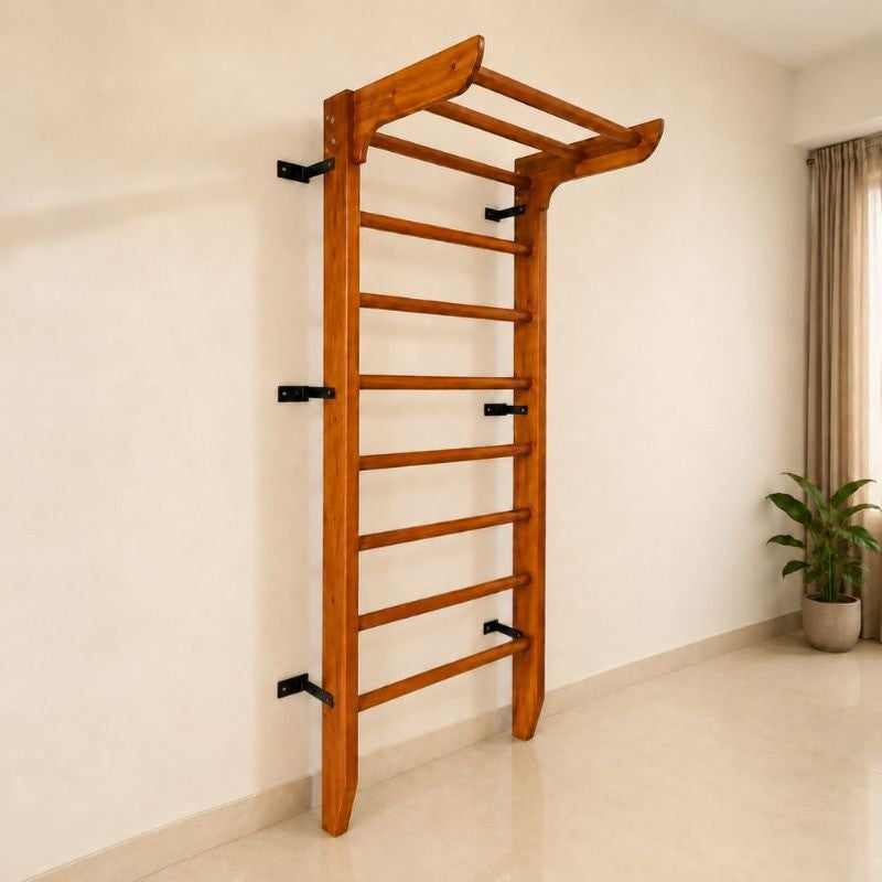 Wooden Swedish Wall Bar Ladder with Pull-Up Bar – Solid Wood Gymnastics Stall Bars for Home Gym, Stretching & Physiotherapy