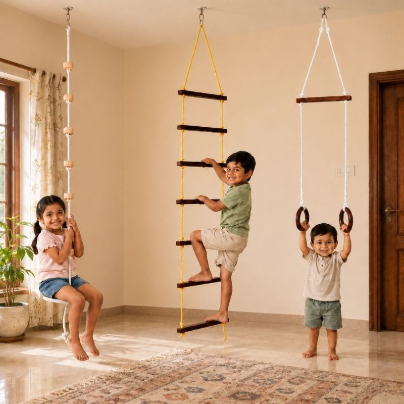 Woodensure Kids 3-in-1 Indoor & Outdoor Wooden Adventure Play Set with Rope Ladder, Disc Swing & Trapeze Rings