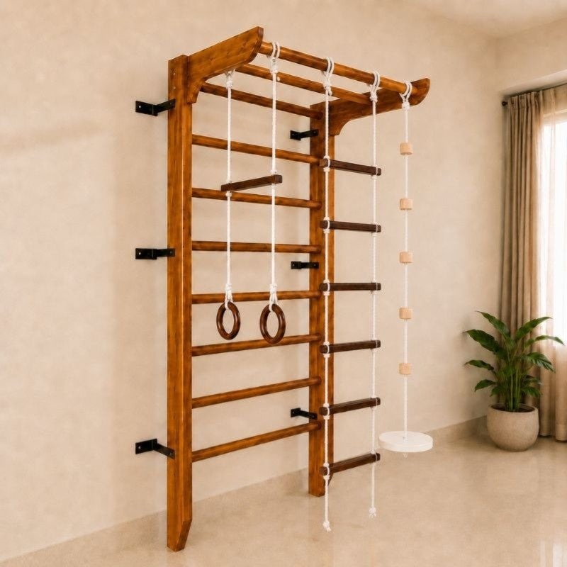 Wooden Swedish Wall Bar Ladder with Pull-Up Bar, Rope Ladder, Disc Swing & Trapeze Rings, All-in-One Family Fitness & Kids Activity Wall Combo