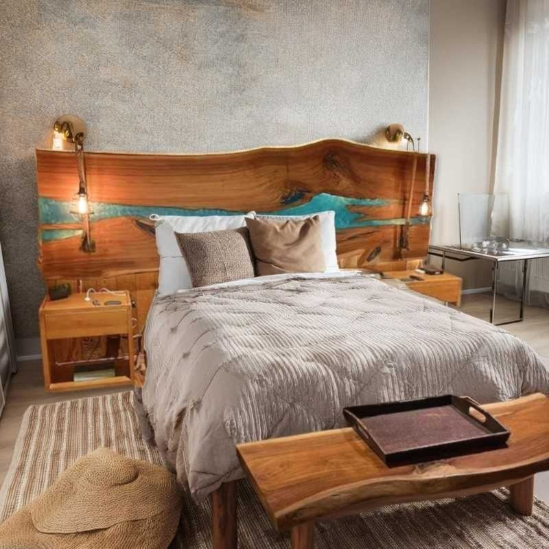 Epoxy resin live edge solid wood headboard | live edge wood headboard design for bed | wood bed headboard design