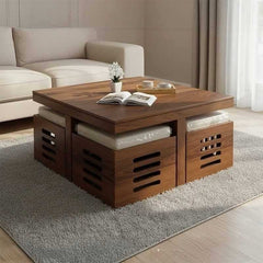 Solid Sheesham Wood Coffee Table Set – Modern Square Design – Honey Finish – Living Room Center Table with Cushioned Stools & Storage