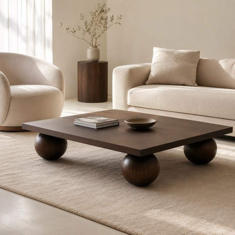 Modern Solid Wood Square Coffee Table with Spherical Wooden Legs – Dark Solid Wood Finish for Living Room
