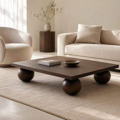 Modern Solid Wood Square Coffee Table with Spherical Wooden Legs – Dark Solid Wood Finish for Living Room