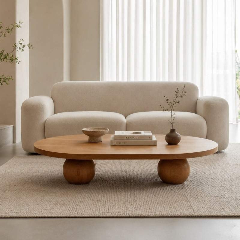 Sphere Solid Wood Oval Coffee Table with Sculptural Ball Legs – Minimalist Living Room Furniture