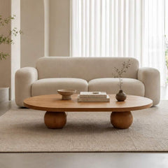 Sphere Solid Wood Oval Coffee Table with Sculptural Ball Legs – Minimalist Living Room Furniture