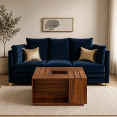 GeoNest Sheehsam solid wood Coffee Table | Wooden Finish with Geometric Top | Storage Shelves | Living Room