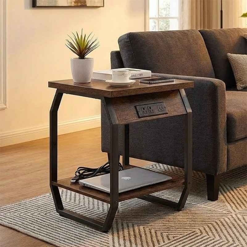 Rustic Smart Charging Sofa Side Table with Storage Shelf | Wooden Side Table with Built-In Power Outlets & USB Ports | Industrial Style | Compact Living Room Furniture