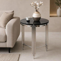Velvet Arc Side Table | Black Marble Top With Chrome Base | Designer Half-Moon Accent Table
