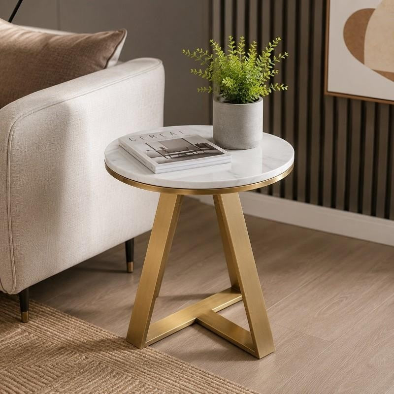 Elysia Side Table | White Marble Top with Gold Frame | Crisscross Base Design | Living Room & Bedroom Use
