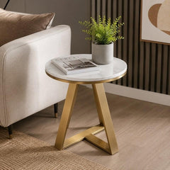 Elysia Side Table | White Marble Top with Gold Frame | Crisscross Base Design | Living Room & Bedroom Use