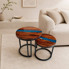 Halo Blue Resin Epoxy Solid Wood & Metal Frame Nesting Table ( Set of 2 )