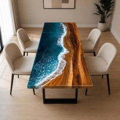 Live Edge Modern Ocean Beach Wave Epoxy Resin Dining Table with Black Metal Legs, Handmade Luxury Furniture Design, Custom Kitchen River Table