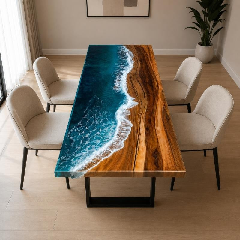 Live Edge Modern Ocean Beach Wave Epoxy Resin Dining Table with Black Metal Legs, Handmade Luxury Furniture Design, Custom Kitchen River Table