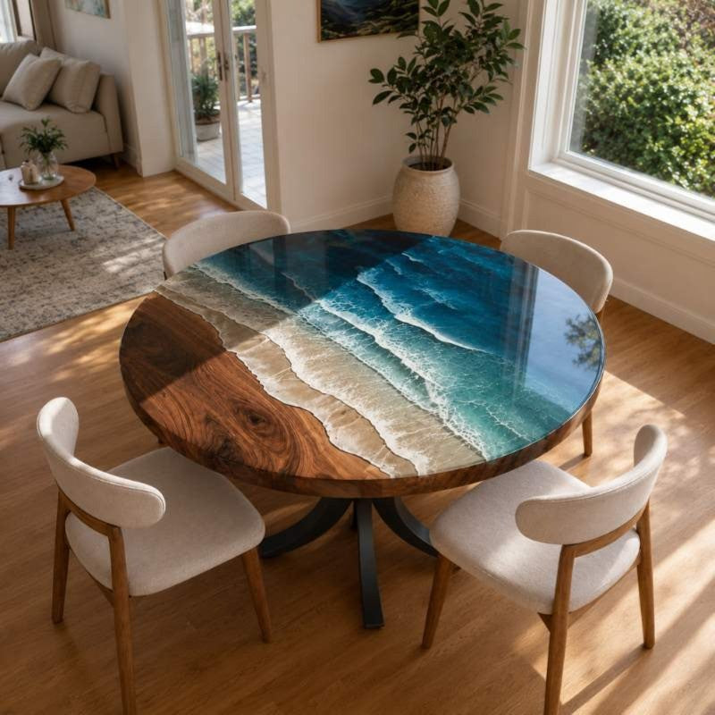 Custom Home Made Luxury Round Ocean Wave Epoxy Resin Dining Table with Black Metal Legs, River Kitchen Table | Natural Solid Wood, Blue Ocean Waves Epoxy Resin