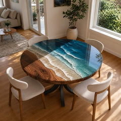 Custom Home Made Luxury Round Ocean Wave Epoxy Resin Dining Table with Black Metal Legs, River Kitchen Table | Natural Solid Wood, Blue Ocean Waves Epoxy Resin