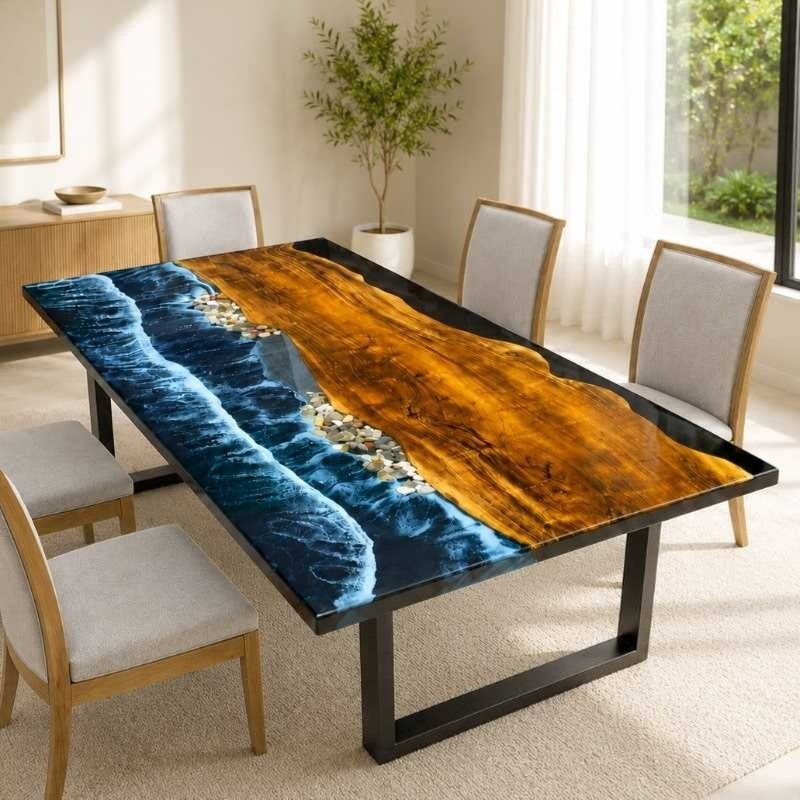 Handmade Blue Pebble Shore Ocean Wave Epoxy Resin Dining Table, Wooden Resin Coffee Table, Epoxy Beach Table, Layered Resin Wave Design with Realistic Water Movement Effect