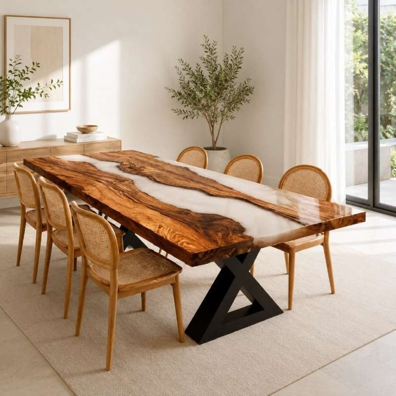 Custom Made Live Edge White Epoxy Resin River Dining Table, Handmade Modern Rustic Wood Furniture, Natural Solid Wood | Custom Made Design