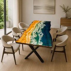 Live Edge Ocean Wave Epoxy Resin Dining Table, Custom Dining Table | Custom Wood Resin Furniture, Live Edge Wood & Blue Resin Art Table | Coastal Style Dining Table