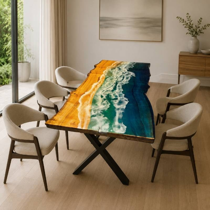 Live Edge Ocean Wave Epoxy Resin Dining Table, Custom Dining Table | Custom Wood Resin Furniture, Live Edge Wood & Blue Resin Art Table | Coastal Style Dining Table