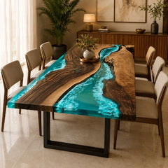 Live Edge Wood Ocean Wave Epoxy Resin Dining Table with Black Metal Legs | Modern Luxury Blue Resin Table Top, Handmade Luxury Furniture Interior Design, Kitchen River Table