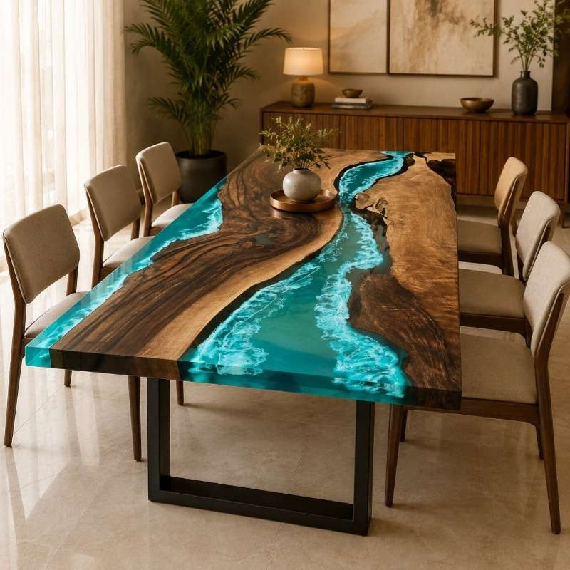 Live Edge Wood Ocean Wave Epoxy Resin Dining Table with Black Metal Legs | Modern Luxury Blue Resin Table Top, Handmade Luxury Furniture Interior Design, Kitchen River Table