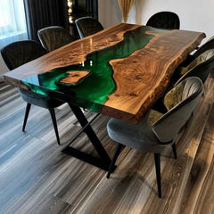 Handmade Live Edge Epoxy Resin Dining Table, Green River Dining Table for Modern Kitchen & Dining Area, Live Edge Natural Wood Artistic Top