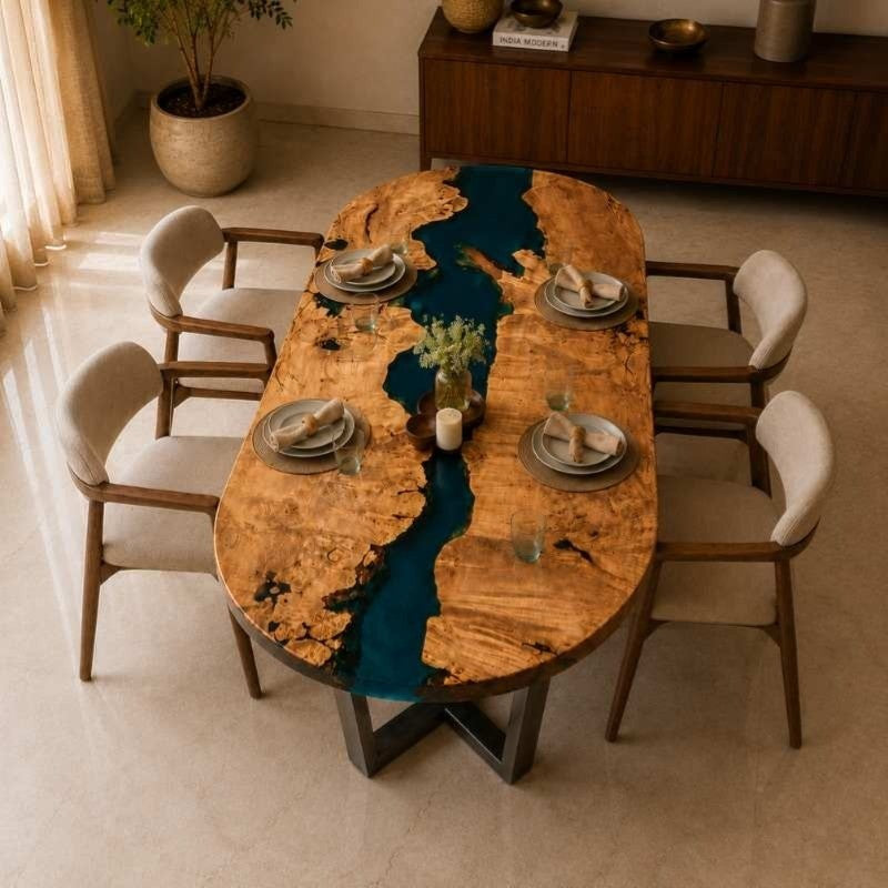 Live Edge Teal Epoxy Resin River Dining Table with Silver Metal Base, Handmade Wood Resin Furniture