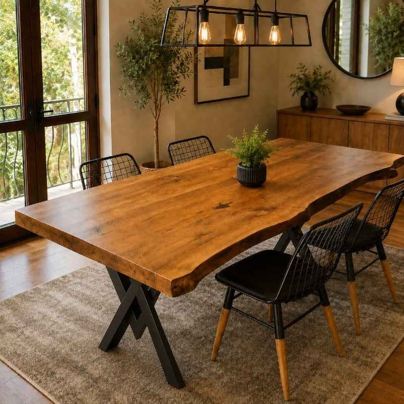 Natural grains Dining Table Live Edge Dining Table With Metal Legs Base