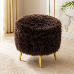 Cocoa Luxe Stool - Brown Faux Fur Ottoman with Gold Legs for Modern Home Decor