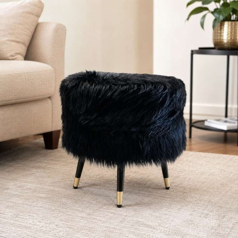 Midnight Glam Black Faux Fur Ottoman Stool with Gold Legs for Modern Home Decor | Black Faux ottoman stool