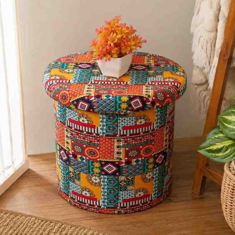 Boho Fabric Upholstered Storage Ottoman Pouffe Stool | Handcrafted Bohemian Storage Ottoman Pouffe Stool