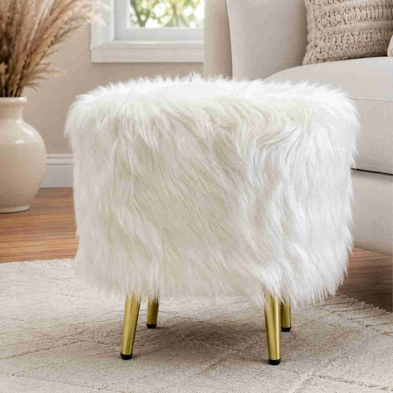 White Faux Gilded Ottoman Fur Pouff Stool | Fur Pouff Stool with Gold Legs for Modern Home Decor