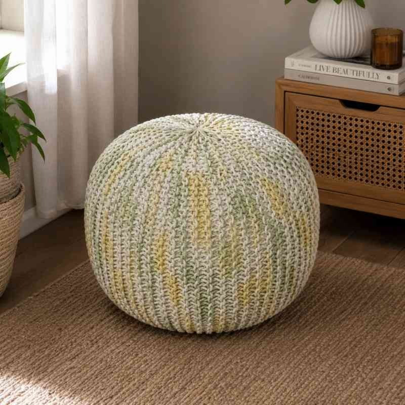 Hand-Knitted Boho Round Pouf Ottoman | Round pouf for modern home interiors | Bohemian style pouf ottoman seat