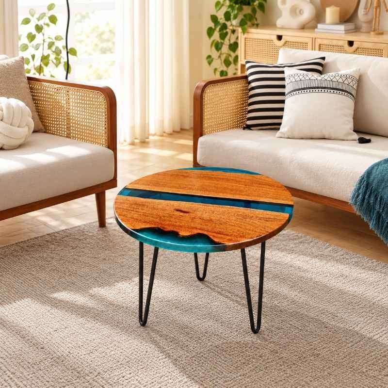Round Live Edge Epoxy Coffee Table, Solid Wood Center Table with Blue Resin, Natural Wood Table with Metal Hairpin Legs, Custom Size Coffee Table, Creative Sofa Side Table