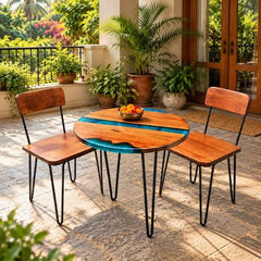 Handmade Round Live Edge Epoxy Coffee Table Set with 2 Chairs, Solid Wood Table with Blue Resin, Metal Hairpin Legs, Custom Size Furniture Set