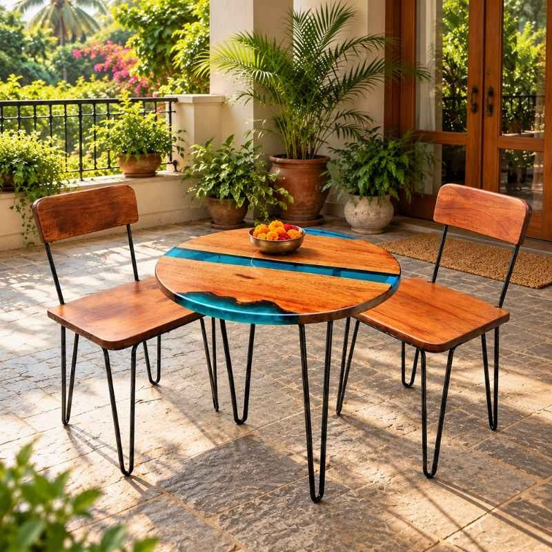 Handmade Round Live Edge Epoxy Coffee Table Set with 2 Chairs, Solid Wood Table with Blue Resin, Metal Hairpin Legs, Custom Size Furniture Set