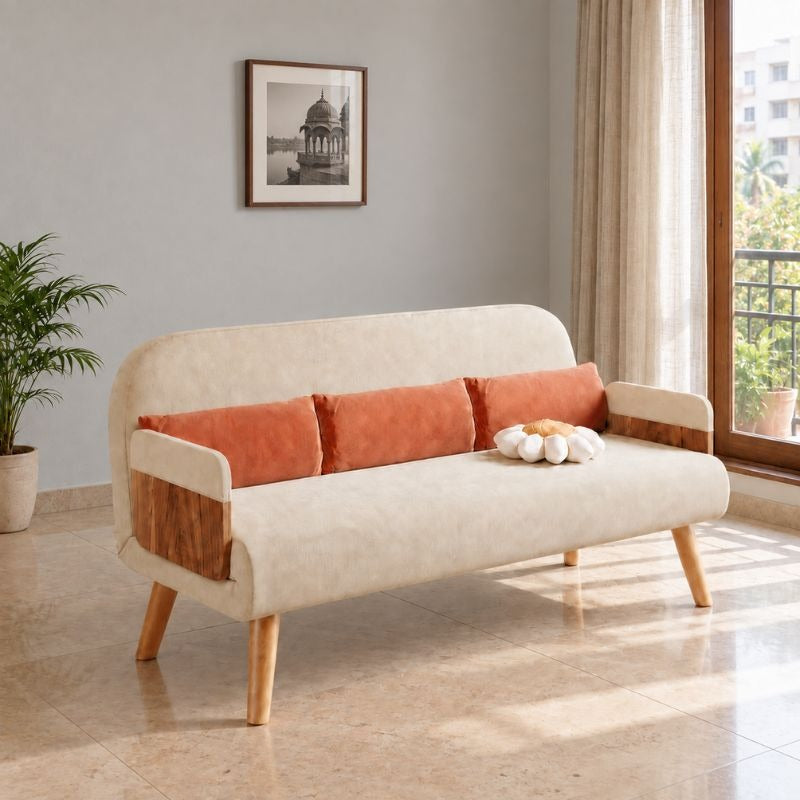 Beige 3-Seater Solid Wood Daybed, Full Sofa Bed, Folding Adjustable Sleeper Lounge Chair - Solid Wood Base (Without Side Tray)
