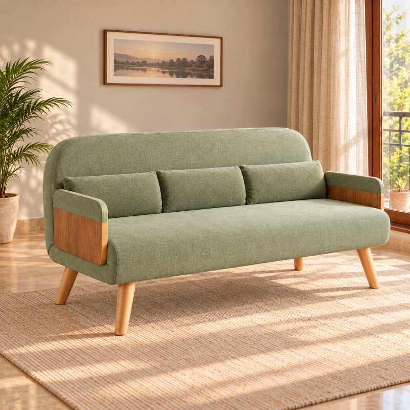 Green 3-Seater Solid Wood Daybed, Full Sofa Bed, Folding Adjustable Sleeper Lounge Chair - Solid Wood Base (Without Side Tray)