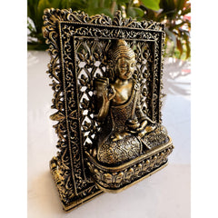 Pure Brass Miniature Buddha Statue with Ornate Decorative Border - 7.29 cm
