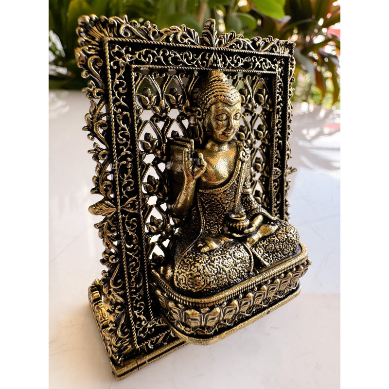 Pure Brass Miniature Buddha Statue with Ornate Decorative Border - 7.29 cm