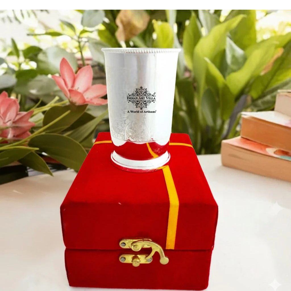 Embossed Design Silver Plated Glass With Red Box , Best For Parties , 250 ML