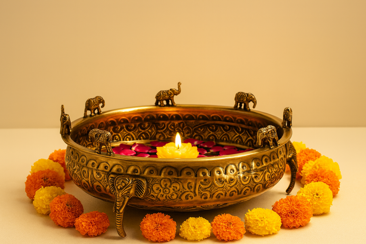 Brass Urli with Elephant Trunk Design -Antique Embossed