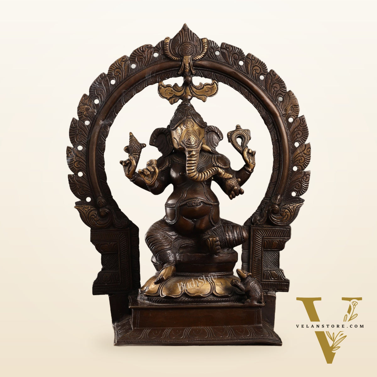 18-Inch Brass Ganapati Idol with Antique Brown Finish and Frame